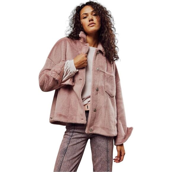 Free People Cozy Opal Swing Jacket Pink Mauve Medium Faux fur We the Free - Picture 1 of 3